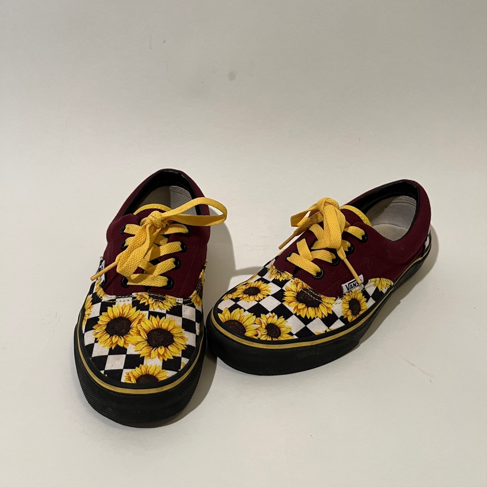 VANS Customs Women’s Skate Shoe - Sunflower Checkerboard - Maroon and Yellow,